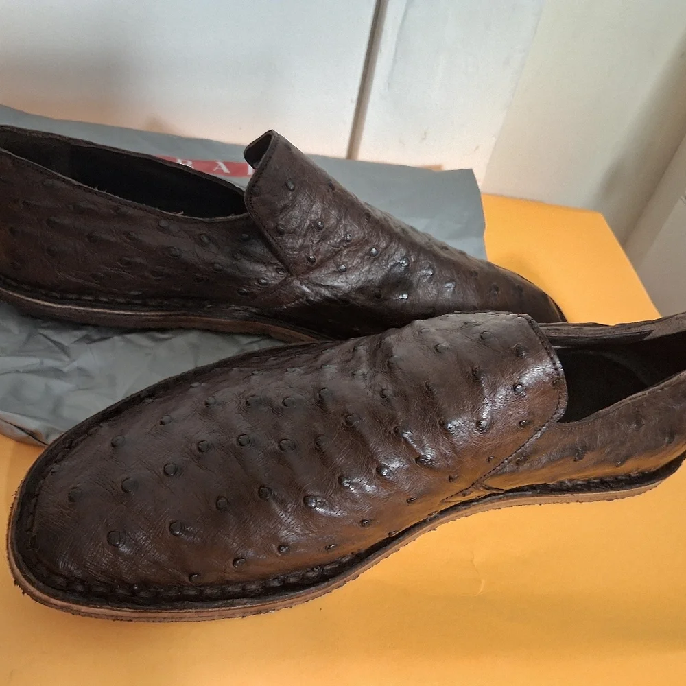 Prada Dark Brown Ostrich Leather Slip-On Loafers